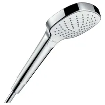 Hansgrohe Croma Select E - wassersparender Duschkopf 9 l/min (EcoSmart), Handbrause mit 3 Strahlarten, eckige Duschbrause (110 x 110 mm), Sparduschkopf mit Antikalk-Funktion, Weiß/Chrom
