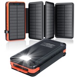 elzle Solar Powerbank 26.800mAh, elzle Solar Ladegerät mit 2 USB-Ausgangsport & 1 USB-C-Eingangsport, Outdoor Wasserfester Externer Akku mit 4 Solarpanels und Taschenlampe Für Smartphones Tablets Camping