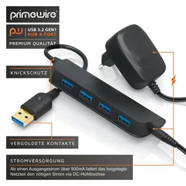 Primewire aktiver 4 Port USB 3.2 Gen1 Hub, Verteiler mit Netzteil, leicht, hohe Transportabilität, USB-Adapter