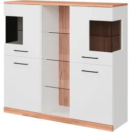 OTTO home Highboard OTTO HOME "Ribe,120cm breit,112cm hoch,Oberplatte massiv,12 Fächer", weiß (weiß, kernbuche), B:120cm H:112cm T:35cm, Sideboards, Highboard, Oberplatte Massivholz,schwarze Metall Griffe,2 Türen mit Glaseinsatz