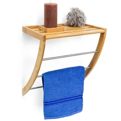 Relaxdays Wandhandtuchhalter Bambus, 3 verchromte Metallstangen, HxBxT:40x38x24,5cm, feuchtigkeitsresistent, natur