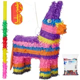 4 tlg. Pinata Set Esel, XXL Konfetti Sack, Pinatastock mit Augenmaske, Kinder Pinata zum befüllen, Stab & Maske, bunt