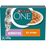 Purina One Sensitive Katzenfutter nass mit Huhn und Karotten in Sauce, für gesunde Verdauung, für empfindliche Katzen, 10er Pack (10 x 8 x 85g)
