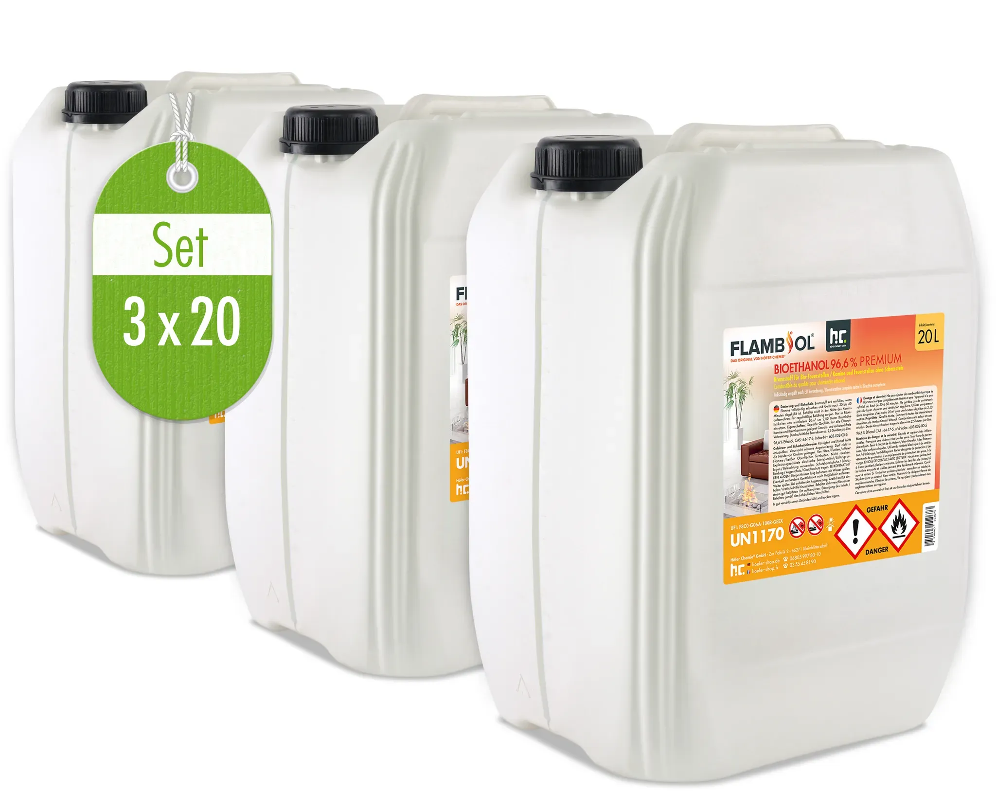 3 x 20 L FLAMBIOL® Bioethanol 96,6% Premium für Ethanolkamin in Kanistern