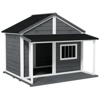 PawHut Hundehütte aus Massivholz Kleintierhaus Hundehaus mit Terrasse Asphaltdach Outdoor wetterfeste Hütte für draußen Grau 124 x 112 x 105 cm - grau