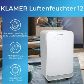 Klamer Luftentfeuchter elektrisch 12L, 100m3 Luftumwälzung pro Stunde, 280W starker Raumentfeuchter, Entfeuchter mit bis zu 2 Liter Fassungsvermögen