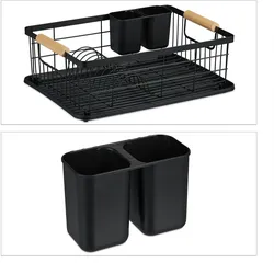 Relaxdays Abtropfgestell, Besteckkorb & Abtropfschale, Geschirrständer Küche, Abtropfgitter, Kunststoff, Metall, schwarz