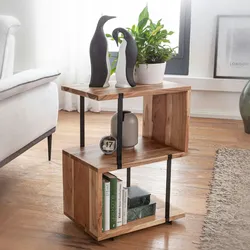 KADIMA DESIGN Beistelltisch S-Form 45x60x30cm Akazie Metall Ablagetisch, Tischchen Wohnzimmer Industrial, Holztisch mit Metallbeinen, Dekotisch