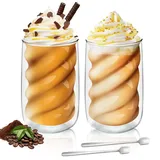 Tapvai 2er Set Cappuccino Tassen 350ml, Latte Macchiato Gläser Doppelwandig, mit 4 Löffeln, Gläser hitzbeständig, Kaffeegläser aus Borosilikatglas Isolierende, Espressotassen, Eiskaffee