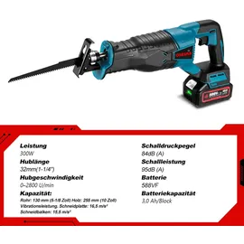 onevan Akku, Säbelsäge , Elektrisch Reciprosäge mit 4 Sägeblättern, 2x 3.0Ah Variabler Drehzahl von 0-3000 RPM, für Metall, Holz, PVC-Rohr und Baumschnitt