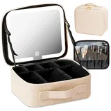 Kosmetiktasche mit LED - Beleuchtung Licht,7 Staufächer Reise-Kosmetikkoffer,3-in-1 Kosmetikkoffer Tasche Damen,Verstellbare Trennwand Schminkkoffer,für Reise,Waschtasche,Waschbeutel (Weiß)