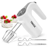 7MAGIC Handmixer 5 Geschwindigkeitsstufen mixer handrührer, rührgerät handmixer, 150 W, Handrührer mit 2 spülmaschinengeeignete Rührbesen & Knethaken weiß