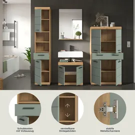 WELLTIME Badmöbel-Set WELLTIME "Siena, 4 teilig, bestehend aus:", grün (artisan eiche nb, salbei nb), B:186cm H:191cm T:34cm, Holzwerkstoff, MDF, Kastenmöbel-Sets, Badmöbel-Set, Hochschrank, Waschbeckenunterschrank, Badspiegel, Midischrank