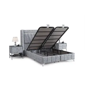 Villa Möbel LUSSAT Polsterbett 90x200 - Farbe: Grau - Set: Bettkasten-Kopfteil - Grau