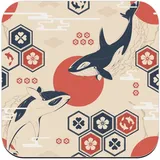 Untersetzer aus Kork – Orca japanisches Motiv Geometrie Tierform – 6 Stück (95 x 95 mm)