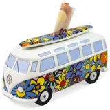 BRISA VW Collection - Volkswagen Spar-Büchse-Schwein-Dose mit Surfbrett im T1 Bulli Bus Samba Design (Flower Power/Bunt)