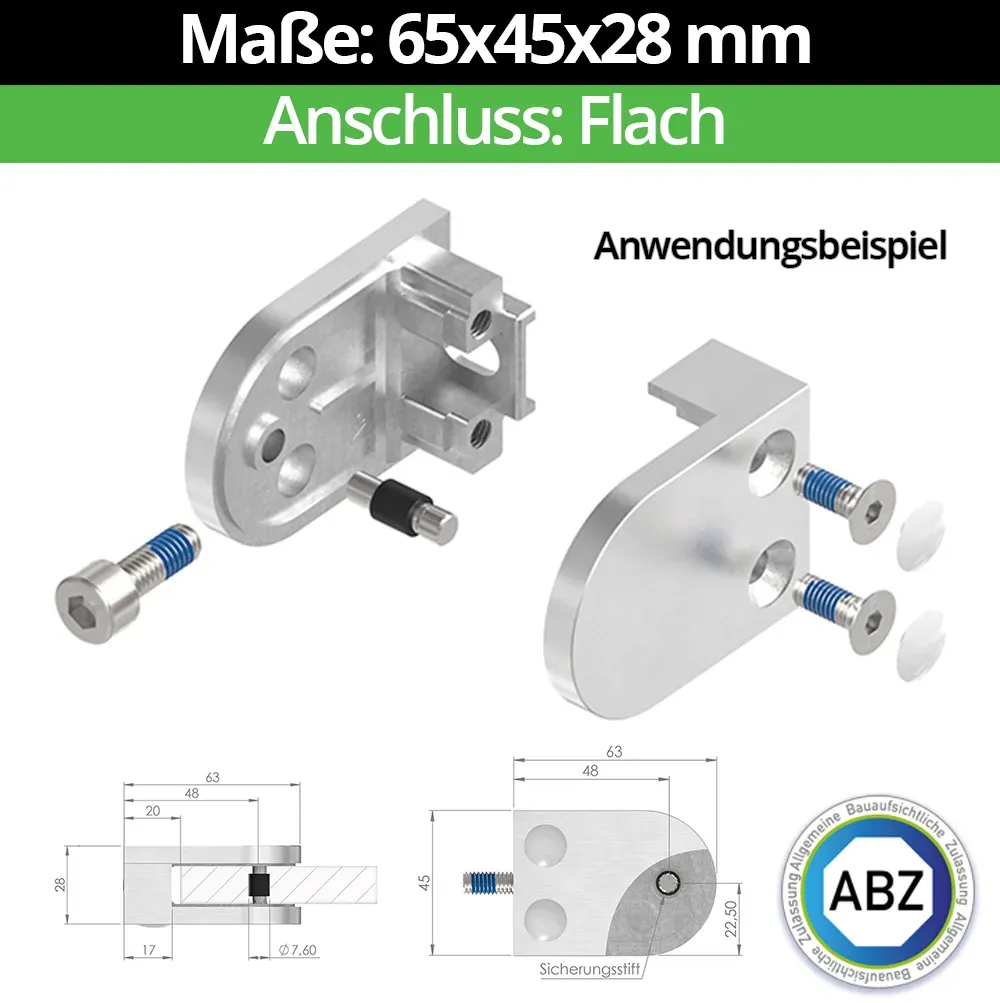 Glasklemme ABZ 65x45x28 mm Flach, V2A / AISI 304 / 1.4301, für 3,0 mm Blech, Nei... - V2A | AISI 304 | 1.4301 - Flach - Nein | Ohne Sicherungsstift - für 3,0 mm Blech