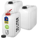 25 Liter Getränke- und Wasserkanister DIN 61 | Lebensmittelecht BPA frei UN-Zugelassen | Haushalt Gastronomie Gewerbe Camping | Robust und Langlebig (3X 25 L + Hahn)