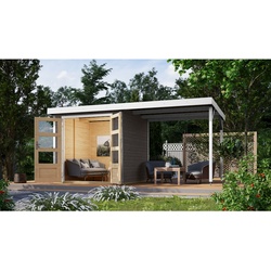 Karibu Hybrid Gartenhaus Hollywood im Set mit Anbaudach ca. 2,40 m  breit terragrau inkl. Fußboden Gartenlaube Geräteschuppen Gartenhütte