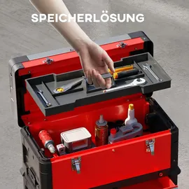 Homcom Werkstattwagen inkl. Koffer Werkzeugwagen leer mit 3 modularen Einheiten, Rollwagen zur Werkzeugaufbewahrung, Werkzeugkasten mit Griff, Stahl, Rot
