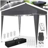Kesser - Pavillon Faltpavillon 3x3m mit led Beleuchtung Solar Fernbedienung Gartenzelt Höhenverstellbar & Wasserdicht + Tasche Bodenanker Anthrazit