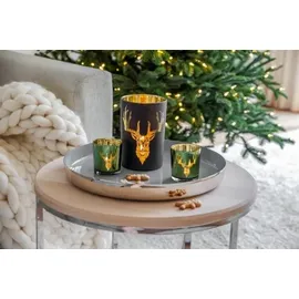 Edzard Windlicht Lio, Höhe 18 cm, Hirsch-Motiv, außen matt schwarz/innen Gold - Teelichthalter, Teelichtglas