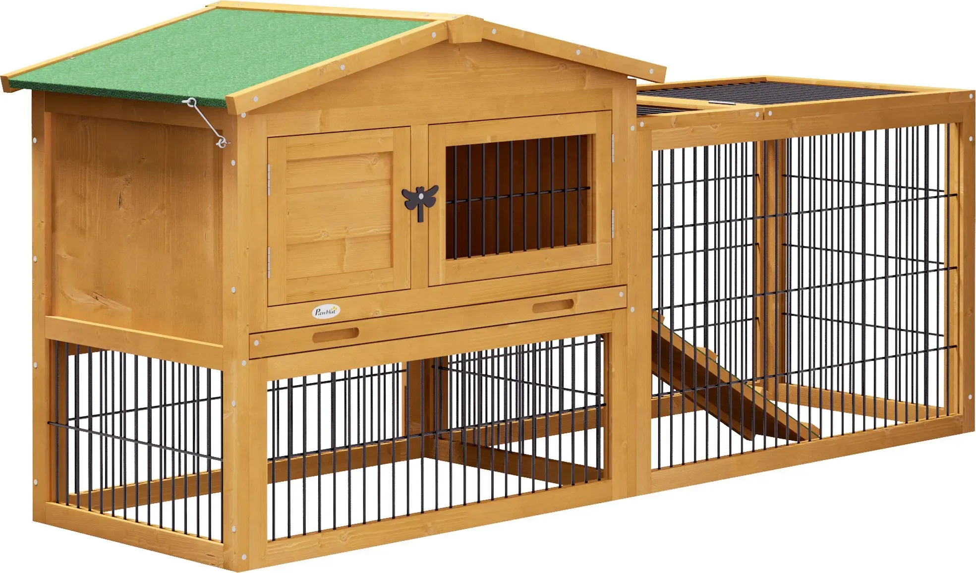 PawHut Hasenstall 2 Ebenen Kaninchenstall aus Tannenholz Winterfest Doppelstockhaus mit Freilaufgehege Rampe 150x52x68 cm Kaninchenkäfig Outdoor Kleintierstall für Hasen Kaninchen Meerschweinchen Gelb   Aosom