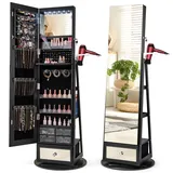 GOPLUS Drehbarer Schmuckschrank mit Ganzkörperspiegel, Schmuckorganizer mit LED-Beleuchtung, Haartrocknerständer, Spiegelschrank Schmuck mit Schublade & Ablagen, für Schlafzimmer (Schwarz)