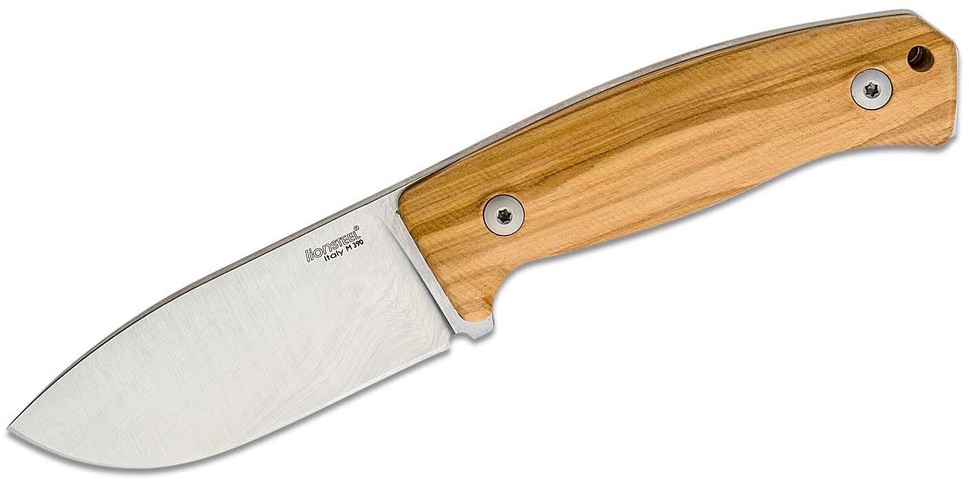 Lionsteel Fixed Blade M390 satin blade, Olive wood handle, leather sheath M2M UL