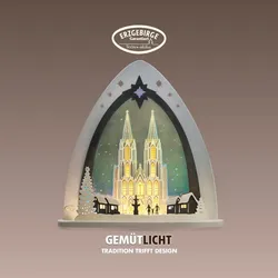 LED Lichterbogen WEIGLA "Kölner Dom, moderne Lichterspitze aus Holz & Acrylglas", bunt (weiß, grau, blau, gelb, bunt), B:52cm H:53,5cm T:9cm, Holz, Holz, Schwibbögen, Erzgebirge garantiert, Weihnachtsdeko Innen, Weihnachtsbeleuchtung