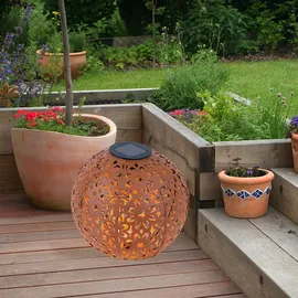 Expo Börse Solarleuchte für Außen Kugel Solar Gartendeko Solarlampe rost Erdspieß, Blumen Dekorstanzungen, Metall, LED warmweiß, d 20 cm, 2er Set