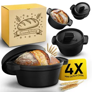 GUSSKÖNIG Mini Gusseisen Brotbackform Set – 4x 300ml Brotbacktopf mit Deckel – Eingebrannte Mini Dutch Oven zum Brotbacken – Kleine Gusseisentöpfe für Mini-Brote inkl. Rezeptbuch