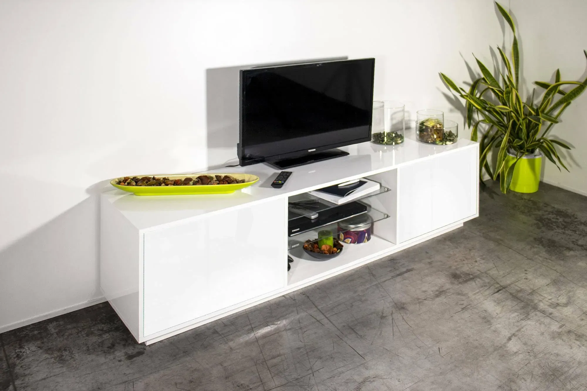Dmora Schrank Paride, niedrige Anrichte für Wohnzimmer mit 2 Türen, TV-Ständer, 100% Made in Italy, 180 x 41 x 46 cm, weiß glänzend