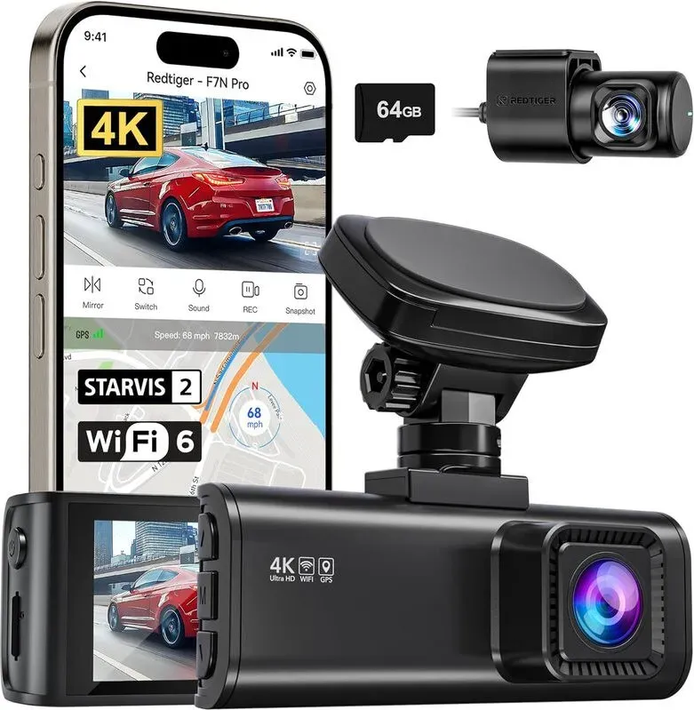 REDTIGER 4K-Dashcam für Vorder- und Rückseite, STARVIS 2 Sensor, 64GB Speicherkarte im Lieferumfang enthalten, 4K/2.5K+1080P Dual-Dashcam für Autos, integriertes WLAN und GPS, 3,18 Zoll IPS-Display, 170° Weitwinkel, Parküberwachung (F7N Pro)