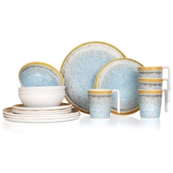 Moritz Geschirr-Set Camping Geschirr Crystal Blue, Melamin, 16 tlg, Geschirrset Campinggeschirr Picknick Geschirr Bootsgeschirr blau|weiß
