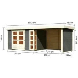 Karibu Kerko 5 5,57 x 2,46 x 2,1 m terragrau inkl. 2,8 m Anbau, Seiten- und Rückwand