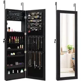 HOMASIS Schmuckschrank für Wand und Tür, Schmuckschrank mit Ganzkörperspiegel, Schminkspiegel und 12 LEDs, Innenspiegel und Schloss, mit Haken für Ketten und Ohrringe, 120 x 37 x 9 cm, Schwarz