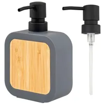 ELUNO Seifenspender mit Soft-Touch Oberfläche aus Kunststoff mit Bambus, für bis zu 300 ml Flüssigseife, Spülmittelspender, inkl. Ersatzpumpkopf & Eva Pads gegen Kratzer (Grau)