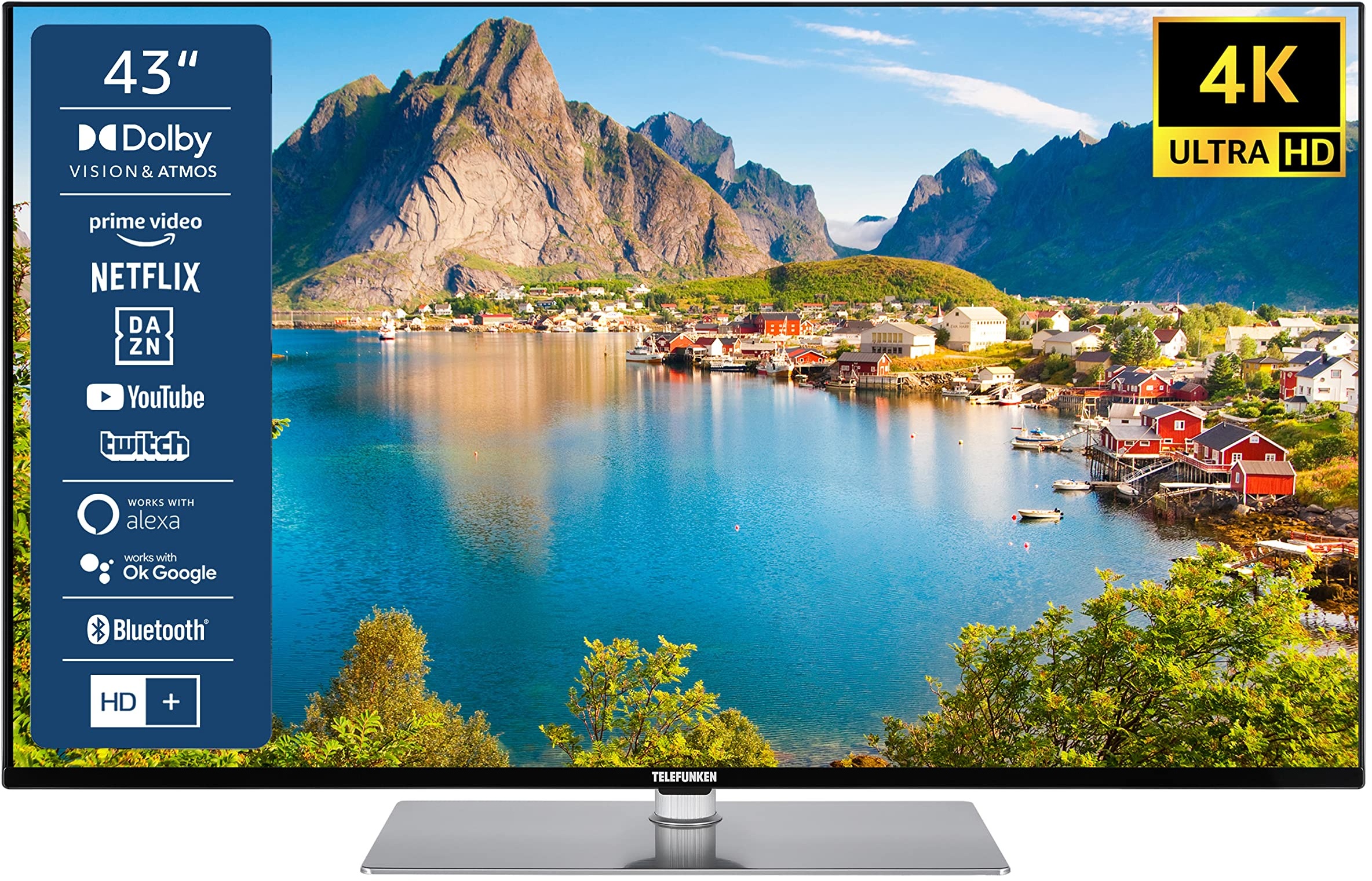 TELEFUNKEN D43U760B1CW 43 Zoll Fernseher/Smart TV (4K Ultra HD, HDR Dolby Vision, Triple-Tuner, Dolby Atmos, Bluetooth) - inkl. 6 Monate HD+ [2023], Schwarz