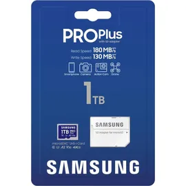 Samsung PRO Plus (2023) microSD-Karte + SD-Adapter, 1 TB, UHS-I U3, Full HD & 4K UHD, 180 MB/s Lesen, 130 MB/s Schreiben, Speicherkarte für Smartphone, Action-Cam, Handheld-Konsole, MB-MD1T0SA/EU