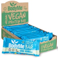 BodyMe Bio Vegan Protein Riegel | Roh Chia Vanille | 12 x 60g Vegane Proteinriegel | Glutenfrei | 16g Komplette Veganes Protein pro Snack | 3 Proteine | Alle Essentiellen Aminosäuren | Fitness Riegel