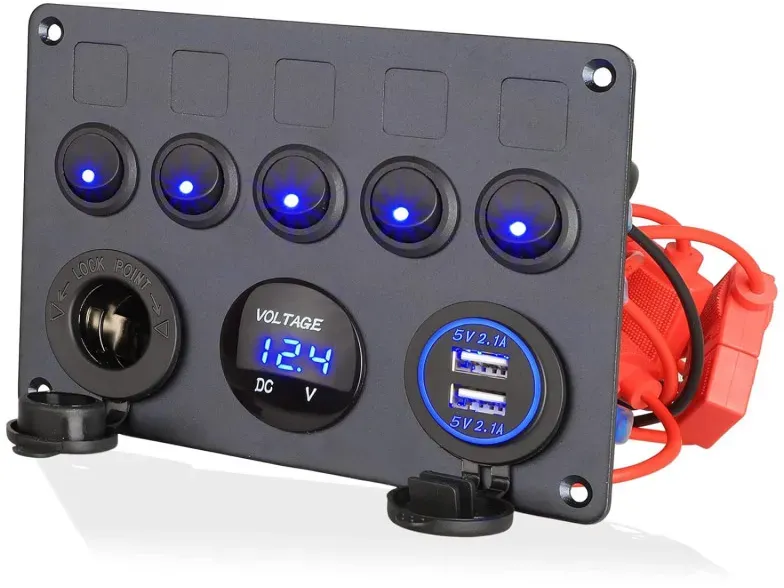 Einbau-Panel für Armaturenbrett mit 5 Schaltern, 2x USB-Ladeanschlüssen (4,2 A), 12‐V-Anzünderbuchse und Voltmeter, universell