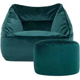 I.C.O.N. icon Sitzsack Sessel mit Sitzpuff für Erwachsene, Blaugrün, Flauschiger Samtstoff, Riesen Sitzsack Samt mit Füllung, Bean Bag Chair, Bequemer Sessel Wohnzimmer, Hocker, Sitzsäcke, XXL Sitzsäcke