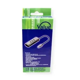 Value USB 3.2 Gen 1 zu Gigabit Ethernet Konverter + 3-Port USB Hub
