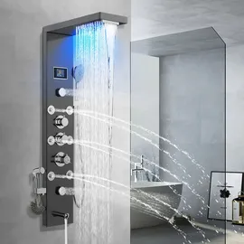 Toner Kingdom KEOKBON Duschpaneel Regendusche Edelstahl Schwarz mit LED-Lichter,5 Funktionen Duschsystem mit Handbrause, Massagedusche und Wasserfall Dusche