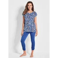 Hausanzug GOLDNER "Kurzgröße Moderner Strandanzug mit Druck", Damen, Gr. 24, blau (royalblau, gemustert), Obermaterial: 95% Viskose CV. 5% Elasthan EL., figurumspielend, Homewear-Sets Hausanzug, Seitliche Raffung am Bein