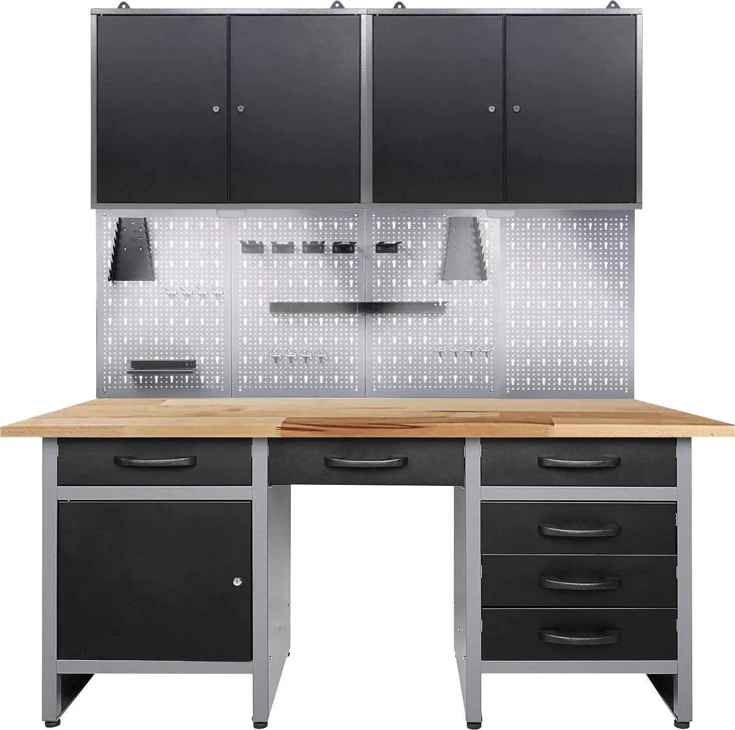 Werkstatt-Set ONDIS24, schwarz (anthrazit, schwarz, grau), B:160cm H:205cm T:60cm, Metall, Werkbänke, 160 cm, mit LED