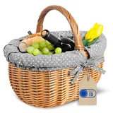 Creative Home Großer Picknickkorb mit Stoffeinlage Grau mit Pünktchen Weidenkorb mit Henkel | Einkaufskorb Autokorb 43 x 32 x 37 cm (+/- 2 cm) | Groß Leicht | Naturbraun | Handgeflochten Universell
