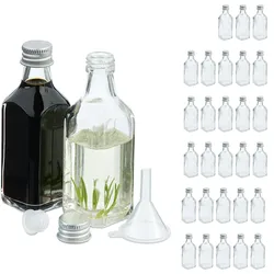 Relaxdays kleine Flaschen, 30er Set, 50 ml, Glasflaschen zum Befüllen, Schraubverschluss & Korken, transparent/silber