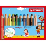 Stabilo Buntstift, Wasserfarbe & Wachsmalkreide - STABILO woody 3 in 1 - 10er Pack mit Spitzer - mit 10 verschiedenen Farben